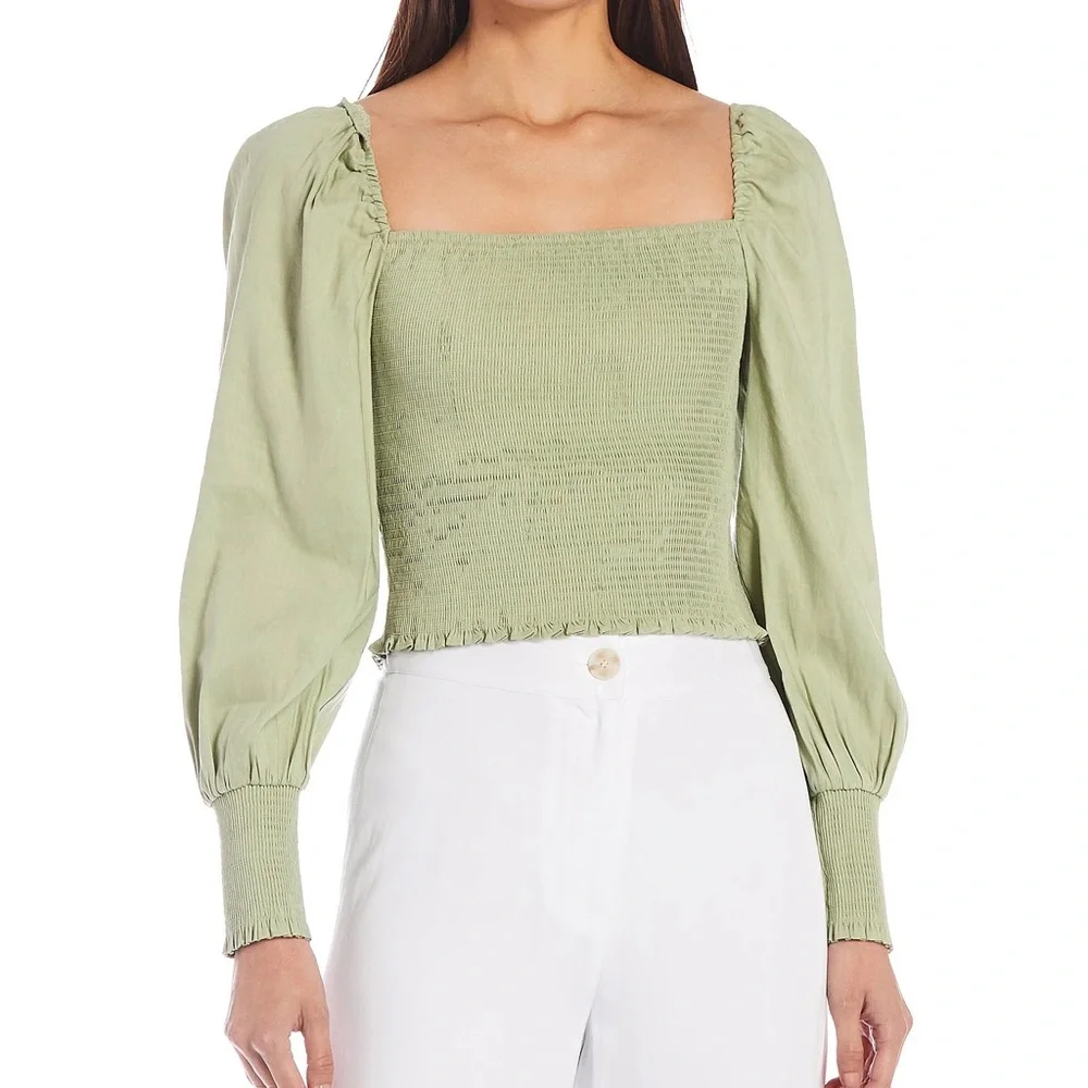 Gianni Bini Angel Square Neck Long Balloon Sleeve Cropped Smocked Blouse - Picture 1 of 7